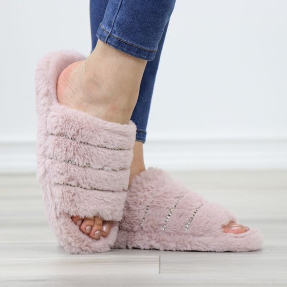 Pink Puff Fuzzy Fluffy Slip On Plush Slippers Diamond Accents - Picture 3 of 16
